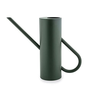 Stelton Bloom 2L watering can for houseplants. This watering can features a long spout, powder-coated with a matte finish. A grooved silicone mat on the bottom ensures stability. Color: Green, on sale.